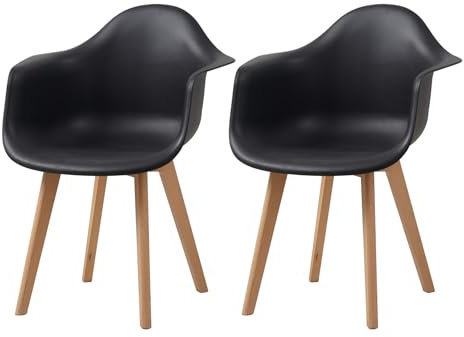 GrandCA HOME Lot de 2 Chaises de Salle à Manger Fauteuils avec Pieds en Bois, Siège en Polypropylène Premuim, Chaises de Cuisine avec Accoudoir pour Salon, Salon Bureau(Noir)