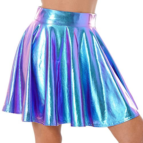 iEFiEL Damen Metallic Minirock Glänzende Rock Plisseerock Silber Skater Rock Mini Faltenrock Y2K Tanzrock Faschingskostüm Blau A L