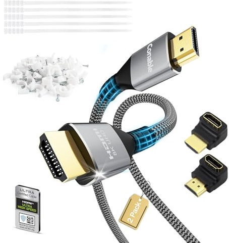Certified HDMI® Cable, Real 8K Cable (2 Pack, 2FT+ 2FT), 48Gbps, Ultra HD Braided Cord, Supports 8K@60Hz 4K@120Hz, eARC, HDR, HDCP 2.2 2.3, for Laptop, Monitor, Switch, PS5/PS4, Xbox, UHD TV