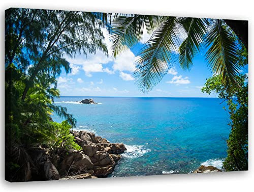 Feeby Vlies Leinwandbild XXL Meer Wolken Himmel Strand 120x80 cm Wandbild Kunst Bilder Schlafzimmer Deko Wohnzimmer Palmen Tropen Exotische Insel Blau