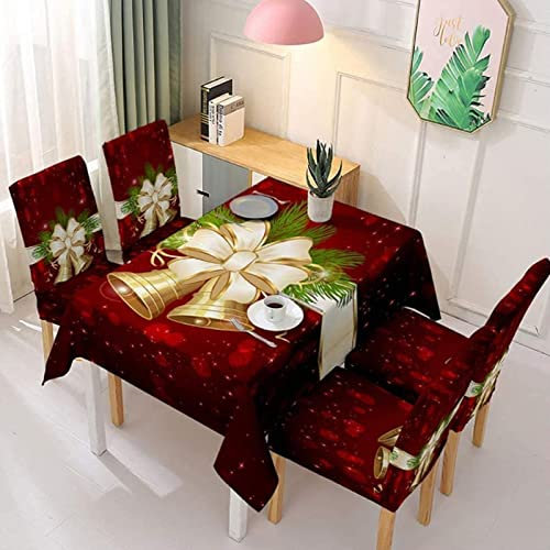 HEZHU 5er Set Weihnachtstischdecke Glocke Drucken Tischtuch 140 * 180cm, Weihnachten Stuhlhusse Weihnachts Stuhlhussen Weihnachtsdeko für Weihnachten Festliche Esstisch Stühle Dekoration Party Dekor
