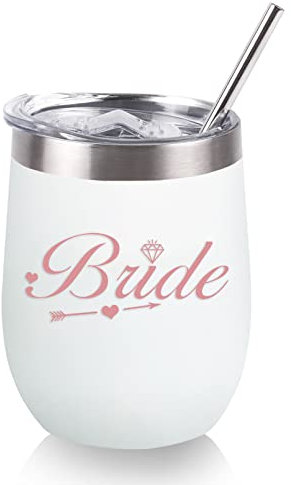 Nwvuop Bride to Be Gift, Wedding & Bridal Shower Gifts - Stainless Steel Wine Tumblers with Straw, White