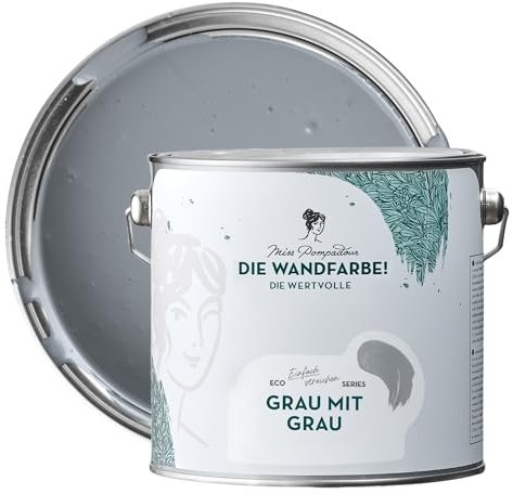 MissPompadour edelmatte Wandfarbe Grau mit Grau 2,5L - sehr hohe Deckkraft - geruchsneutrale, spritzfreie Farbe - atmungsaktive, wasserbasierte Innenfarbe/Deckenfarbe - Die Wertvolle