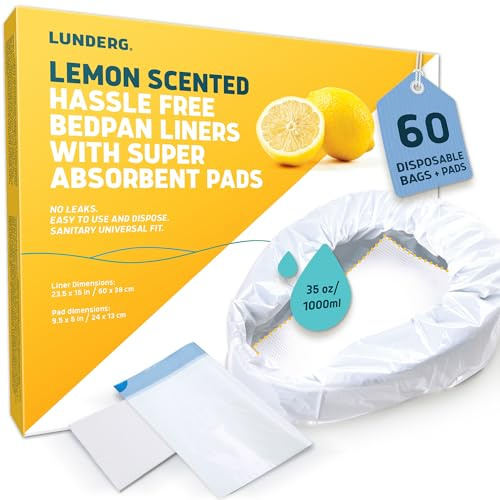 Lunderg Bedpan Liners with Lemon Scented Super Absorbent Pads - Value Pack 60 Count - Medical Grade & Universal Fit - Bed Pans for Females, Elderly Men and Women - Make Life so Much Easier