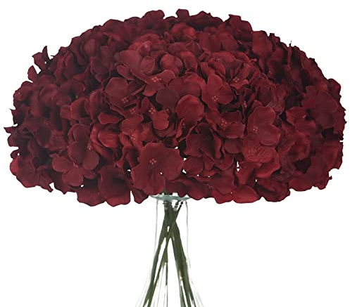 LUSHIDI Künstliche Hortensien-Blumen, künstliche Hortensien, Seidenblumen, Köpfe mit Stielen für Hochzeit, Zuhause, Party, Shop, Babyparty, Dekoration, Weinrot, 10 Stück