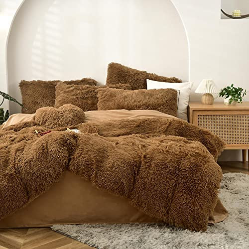 Michorinee Plüsch Bettwäsche 200x220 Winter Flauschig Warme Bettbezug Fleece Flausch Langhaar Kunstfell Plüschbettwäsche Set mit Reißverschluss - 200 x 220 cm + 2 x 80 x 80 cm Braun