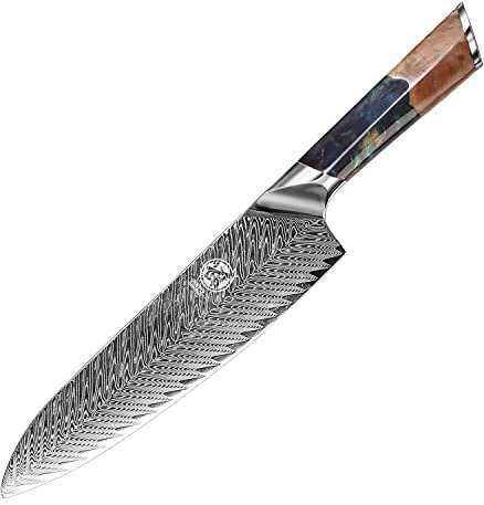 MITSUMOTO SAKARI Japanisches Messer 22 cm, Professionelles Damast küchenmesser, Handgeschmiedete Santoku Kochmesser (Griff aus Rosenholz und Exquisite Holzkiste)