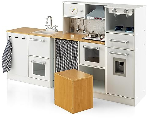 RELAX4LIFE Cucina Giocattolo per Bambini, Mini Cucina in Legno, Suoni e Luci Realistici, Cucina Giocattolo con Lavello, Fornelli, Microonde, Lavatrice, per Bambini 3+ Anni (Super Lussuosa)
