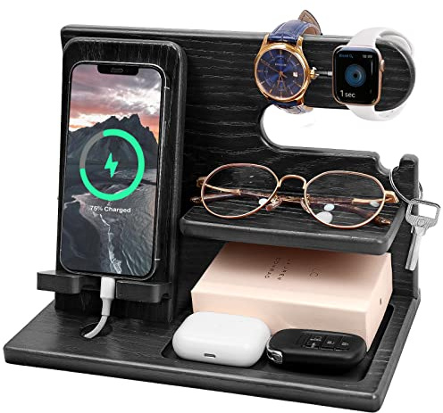 Gifts for Men Bedside Organiser for Dad, Phone Wooden Docking Station, Key Holder Watch Nightstand, Desktop Storage for Him, Husband, Teacher, Birthday, Christmas, Valentine's Day