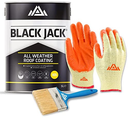 Perfectonish Black Jack 905 All-Weather Roof Coating Brushable Based Bitumen Compound With Brush & Gloves-Fast Drying Weatherproof Roof Sealant With Rain Proof Solvent (5-Litre)