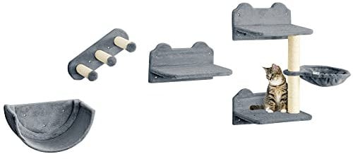 PawHut 4PCs Wall Mounted Cat Tree Cat Wall Shelves Furniture Climbing Shelf Set Kitten Activity Centre with Hammock, Scratching Post - Grey