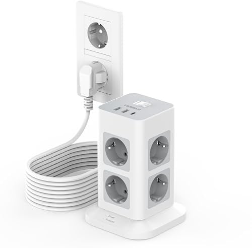 TESSAN 8 Fach Mehrfachsteckdose mit USB C, Verlängerungskabel 10 Meter, Steckdosenleiste Überspannungsschutz, 3 USB Mehrfachstecker, Verteilersteckdose mit Schalter, 3600W