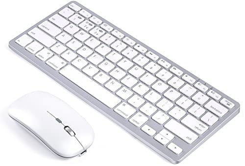 5 in1 Wireless Keyboard and Mouse Combo, Rechargeable Bluetooth Keyboard & Mouse compatible with Apple Macbook iMac iPad and Windows Android (Silver-White)