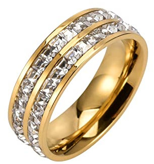 KnBoB Ringe Hochzeit, Edelstahl Ring Herren Damen Gold Breit Ewigkeit mit Weiß Zirkonia Trauringe Schlicht Größe 57 (18.1)