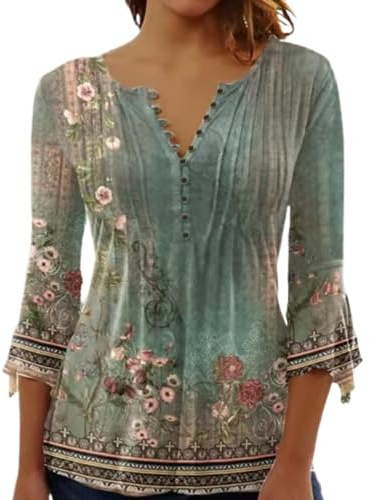 Yeenily Camicia Elegante Donna a Manica Scollo a V T-Shirt a 3/4 Lunga Top Bluse Maglietta Stampato Basic Tee