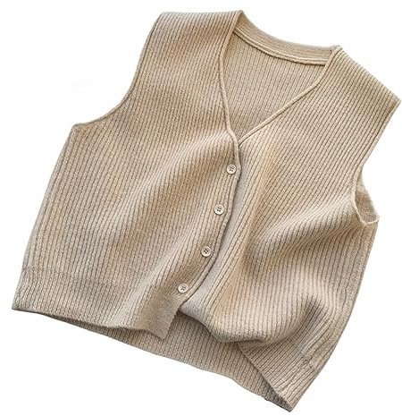 Weste Damen,Feinstrick-Pullover Für Damen, Schlicht, Ärmellos, Weste, V-Ausschnitt, Strickpullover, Westen, Geknöpfte Strickjacke, Jacke, Tank-Top, Bequeme Strickmode, Herbst-Winter, Beige, M