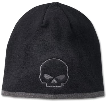 HARLEY-DAVIDSON Beanie Willie G Skull – Schwarze Strickmütze mit Totenkopf-Logo, warme Unisex Wintermütze