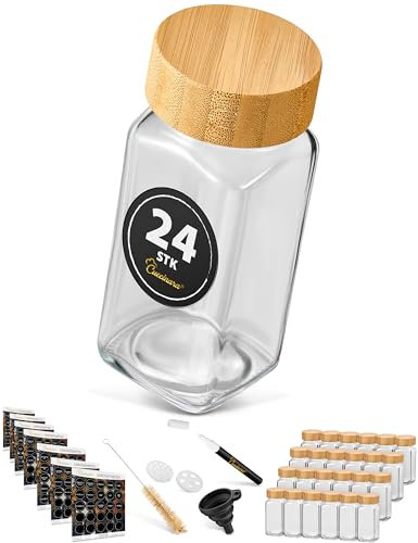 Cuccinara® 12 Gewürzgläser Eckig 120ml mit 210 Etiketten, Bambusdeckel & Streueinsätzen (grob & fein) - Luftdichte Gewürzdosen inkl. Trichter, Permanentmarker & Bürste - Spülmaschinenfest