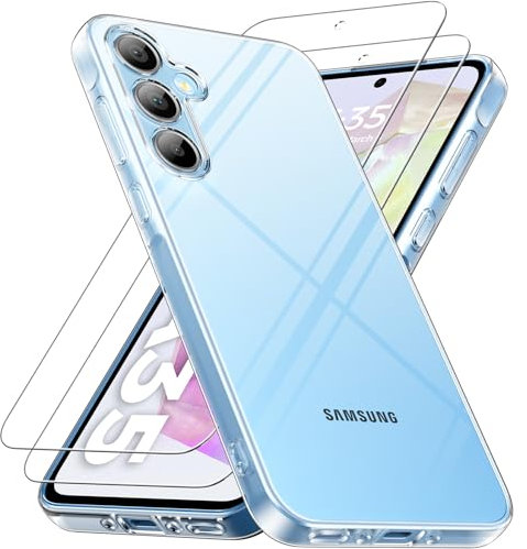 caslord Hülle für Samsung Galaxy A35 5G, 1 Handyhülle mit 2 Stück Hartglas, Weiche TPU Transparent Stoßfest Schutzhülle Durchsichtige Kratzfest Handyhülle Case Cover