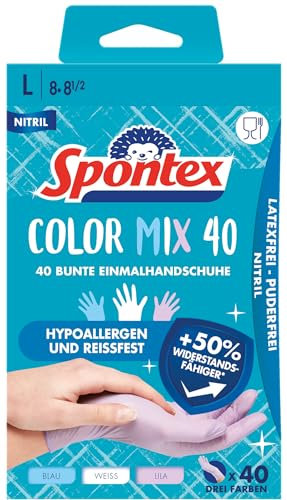 Spontex Color Mix, 40 farbenfrohe Einmalhandschuhe aus Nitril, latexfrei und ungepudert, Größe L, 40 Stück