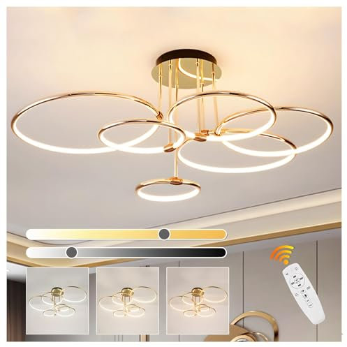 6 Ring Gold Led Deckenleuchte, Ø105cm | 145W Kronleuchter Stufenlos Dimmbar, Kreative Metallgalvanik Pendelleuchte, Moderne Lampe Für Schlafzimmer, Wohnzimmer, Kinderbüro Arbeitszimmer Küche