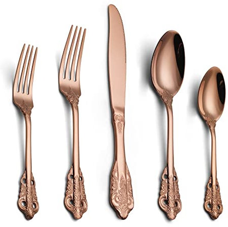 Ensemble de couverts couleur cuivre 20 pièces pour 4 personnes, collection de salle à manger élégante, vaisselle luxueuse lavable au lave-vaisselle