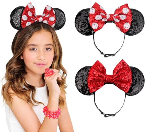 DRESHOW Minnie Ohren Stirnbänder Mäuseohren Paillettenbogen Stirnbänder Elastisch Verstellbar Stirnband Glitzer Party Dekoration Cosplay Kostüm für Damen