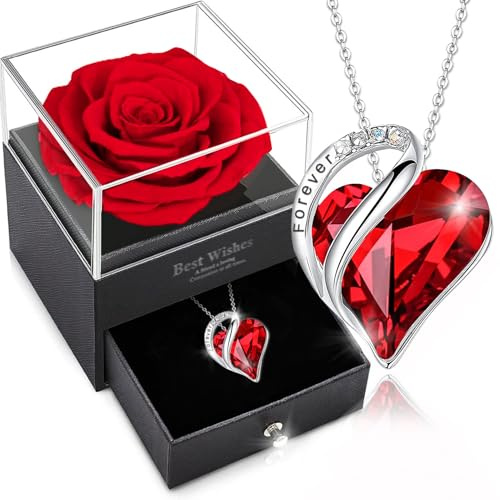 sopalmy Ewige Rose Box mit Herz Halskette, Upgrade Geschenke für Frauen mit Konservierte Echte Rosen & Herz Halskette aus 925 Sterlingsilber Schmuck Rosenbox für Geburtstag Valentinstag (Rot)