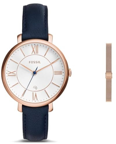 Fossil Women's Jacqueline Blue Leather Watch and Replaceable Rose-Gold Stainless Steel Strap, Set