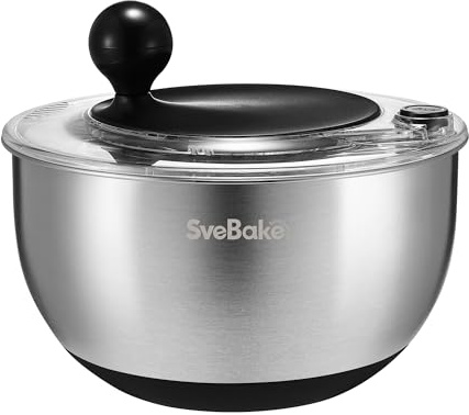SveBake 5.3Qt Stainless Steel Salad Spinner with Stop Button, BPA-Free Vegetable Lettuce Spinner, Transparent Lid & Drainage Hole, Non-Slip Base, Dishwasher Safe Fruit Washer