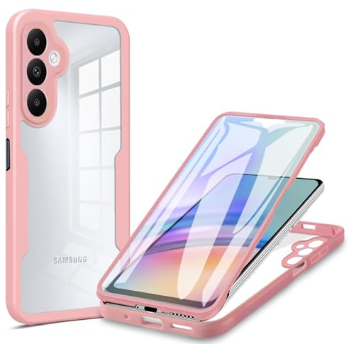 ILING Transparent Coque pour Samsung Galaxy A14 4G/5G, 360° Intégrale Protection Mode Très Mince Antichoc Étui avec L'écran Intégré, Dur PC + Silicone TPU Bumper Housse (Rose)