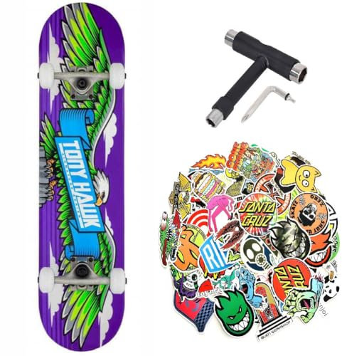 Komplettes Skateboard Tony Hawk PROFESSIONAL Starter Serie 7,75 Zoll + Mehrzweck-Tool + 50 glänzende Sticker (Wingspan 7,75 - Tool - 50Sticks, 7,75)