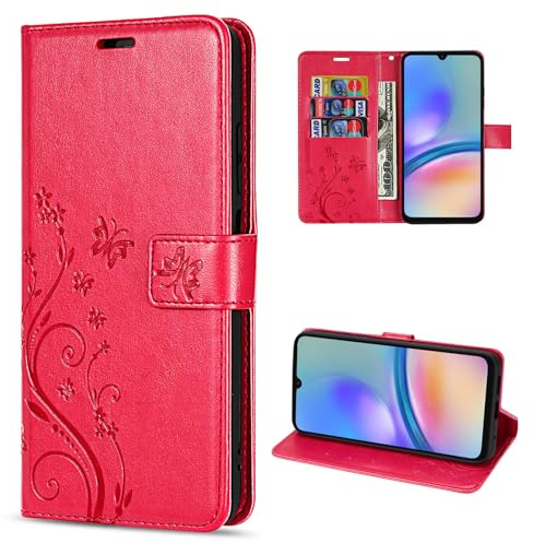 Hülle Kompatibel mit Samsung Galaxy A05s | Premium PU Leder Handyhülle Wallet Case für Galaxy A05s | Schutzhülle Blumen Klapphülle Handyhülle | Rot