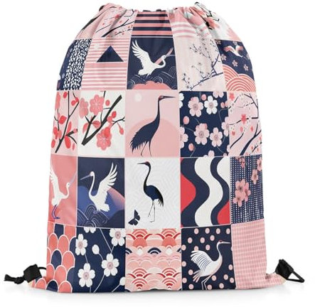 Homewish Japanischer Stil Kordelzug Rucksack Weiß Schwarz Kranich Kordelzug Taschen Kirschblüten Draw String Back Bag Geometrische Plaid String Rucksack
