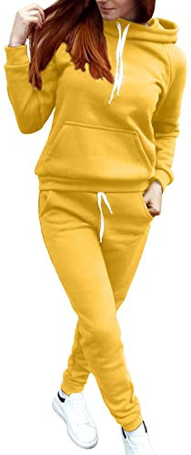 Generisch Damen Hausanzug mit Hut 2 Teile Jogginganzug Set Zweiteiler mit Tasche Einfarbiges Langärmliges Lose Jogginganzug Hutnpullover Jogginghose Trainingsanzug Sportanzug