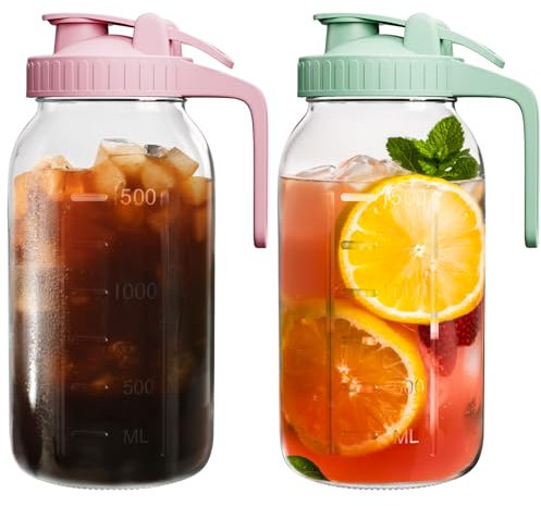 VA1KENE | 2 Pack | 64oz Glass Pitcher with Lid and Spout, 2 Quart (1.9 Liter) Mason Jar Pitcher Wide Mouth, Airtight Water Jug for Juice, Sun Tea, Iced Coffee, Milk Storage, Pink & Green