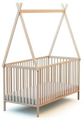 WEBABY - Babybett mit Tipi Holz 70 x 140 cm rohe Buche 144 x 74 x 86,5 cm | Gitterbett mit Lattenrost 3 Stufen Höhenverstellba