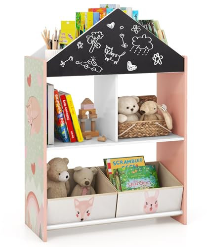 COSTWAY Bücherregal Kinder, Kinderregal mit Tafel & 2 Boxen & 6 Fächern, Kinderzimmer Regal, Aufbewahrungsregal Spielzeugregal für Spielzimmer, Schlafzimmer, 63 x 27 x 90 cm (Rosa)