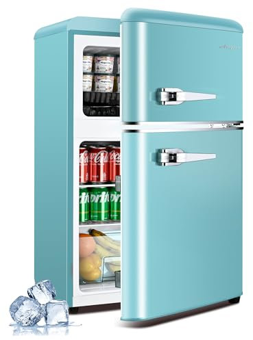 Anypro - Refrigerador de 3.2 pies cúbicos, nevera retro de doble puerta con congelador, 7 ajustes de temperatura ajustables, estantes de vidrio extraíbles para recámara, oficina, recámara