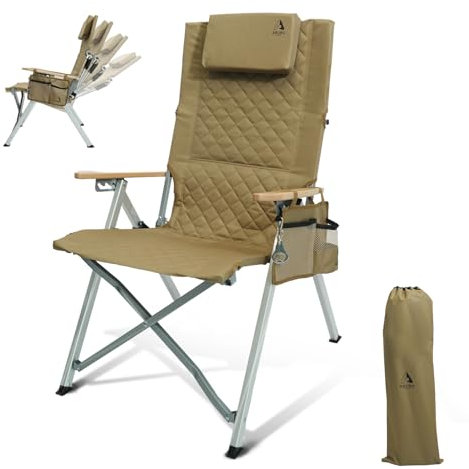 ARURU Campingstuhl Stuhl,Gartenstuhl Hochlehner Rückenverstellbar 4 Positionen Klappstühle Handlauf aus Holz Gepolstert mit Seitentasche Angelstuhl Outdoor Für Camp Garten Balkon (Kaki)