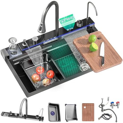 Ribanedy 90 cm Fregadero de cascada digital multifuncional, fregadero cocina 1 seno inoxidable de un solo tazón con grifo de cascada extraíble, lavavasos y juego de accesorios para fregadero