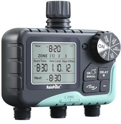RAINPOINT Timer per l'acqua a 3 uscite, timer automatico con ritardo della pioggia/irrigazione manuale/ampio display LCD, tempo di irrigazione intelligente da giardino per cortile, prato
