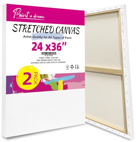 60x90CM Stretched Canvas, 2 Pack Blank Large Canvas for Painting 280GSM | 100% Natural Cotton, Triple Primed Acid-Free, Warp-Resistant, White Painting Canvas for Acrylic & Gouache Painting