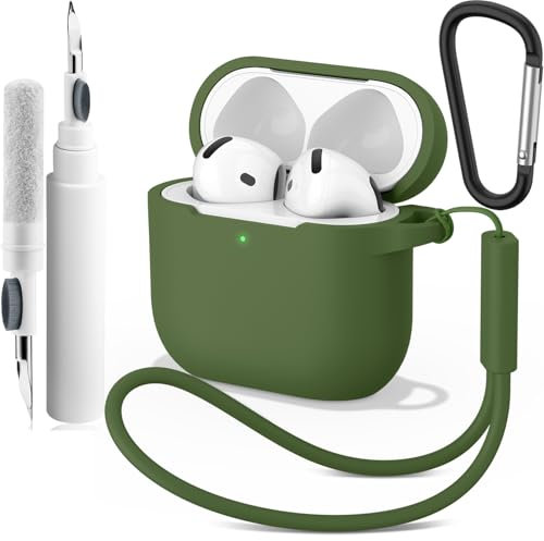 Vancle Funda de Silicona para AirPods 4, con Kit de Limpiador, Anti-Rasguños, Anti-Polvo de Fundas Protectora para Apple AirPods 4 Generacion 2024, LED Visible Frontal, Verde Oscuro