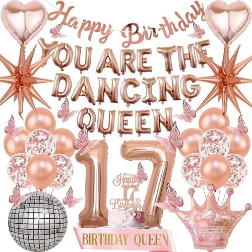 17 Geburtstag MäDchen Dancing Queen - 46 Pcs Rosa Set Tanzende KöNigin Banner Schultergurte Tortendeko Konfetti Disco Folienballons FüR Mamma Mia Junggesellinnenabschied Geburtstag Und Disco Party