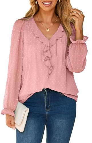 Simplee Womens Dressy Long Sleeve Blouse Casual V-Neck Ruffle Business Tops Chiffon Work Ladies Shirts 2025 Fall Trendy