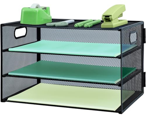 IOUGDSEC Paper Letter Tray with Handle, 3 Tier Metal Mesh Desk File Organizer, A4 Paper Desktop Filing Trays, Desk Tidy Magazine Document Holder for Home Office, Black