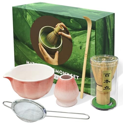 5 PCS Matcha Whisk Set, Pink Matcha Set Includes Bamboo Chasen Whisk, Ceramic Tea Bowl, Scoop, Strainer and Matcha Whisk Holder, Japanese Matcha Kit for Matcha Lovers