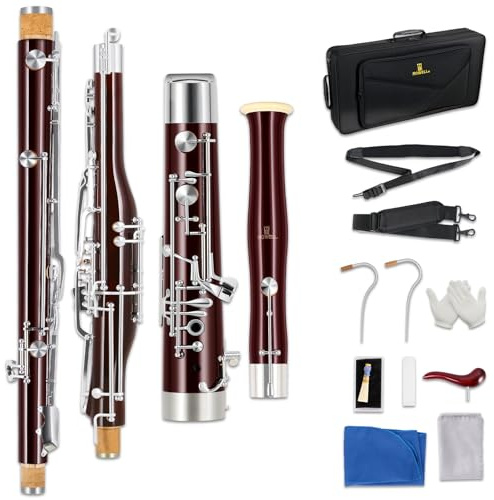 ROWELL Maple Bassoon C Key Professional Bassoon with Self-Locking Mechanism 26 Keys Silver Plated Bassoons Instrument with Case, Ideal for School Band, Orchestra, and Home Practice Red