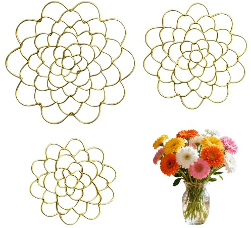 Wanheart 3 Stück Blumenarrangement-Halter – Edelstahl Blumengitter in 3 Größen (4, 5, 6), Wiederverwendbarer Stielhalter für Vasen, DIY-Floristik & Blumenstrauß Fixierung (Gold)
